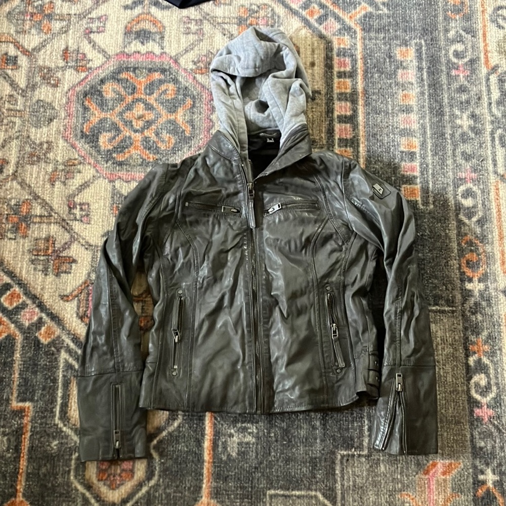 Grey Leather jacket with hood and buckle accents